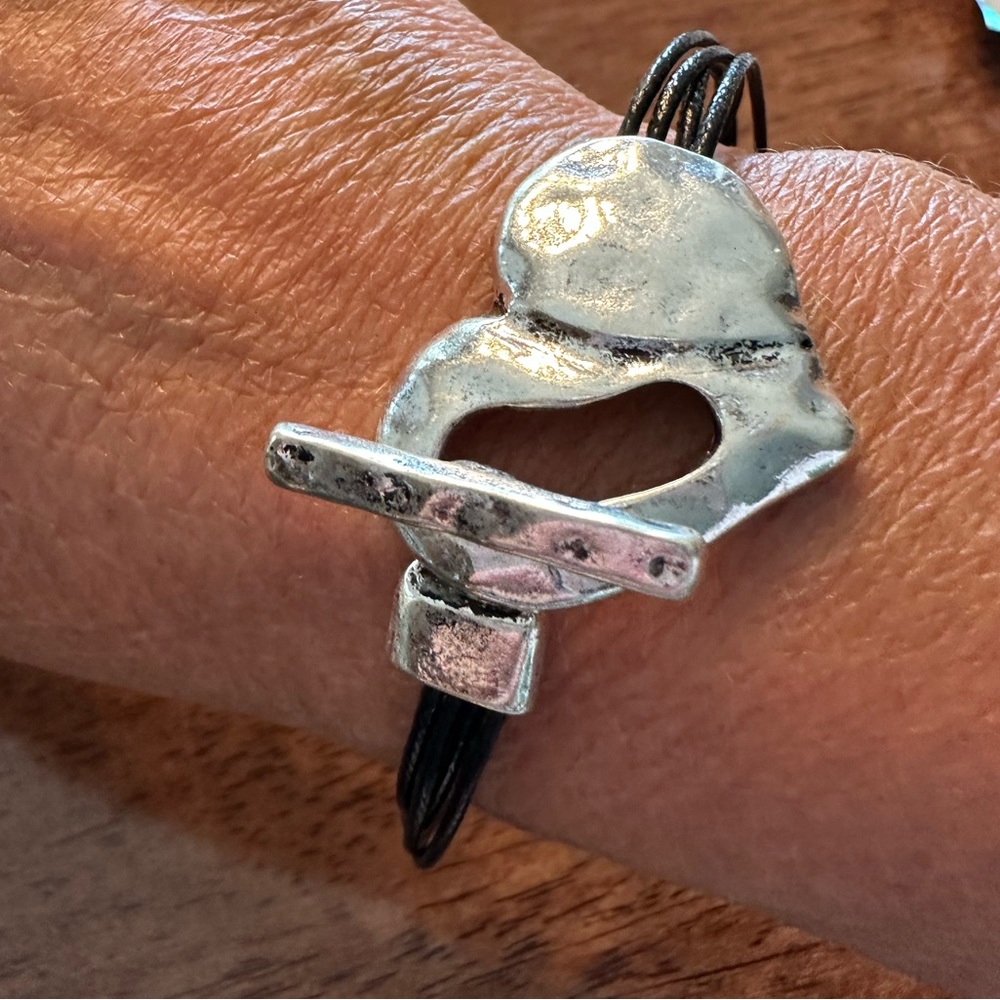Boho Silver Heart Black Corded Bracelet